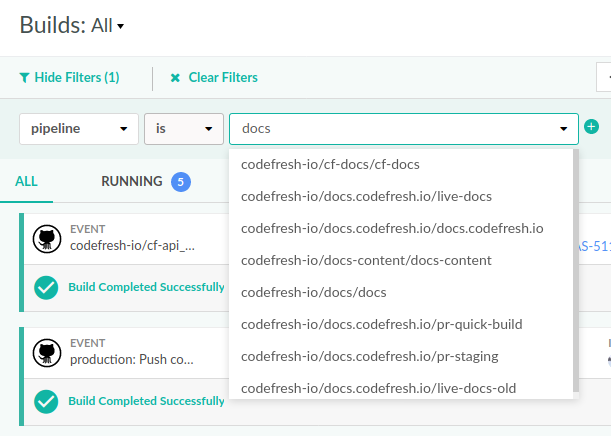 Pipeline filters in Codefresh