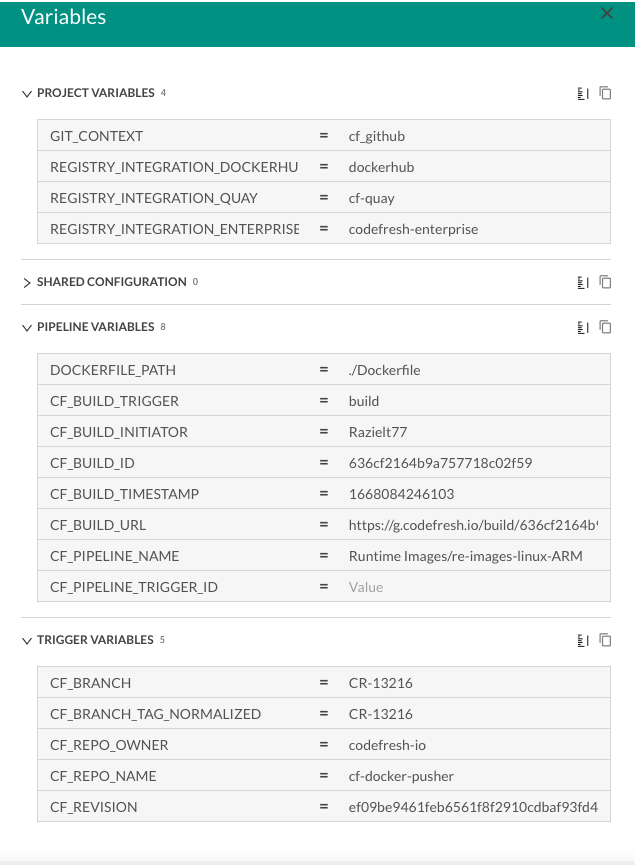 List of variables in selected build